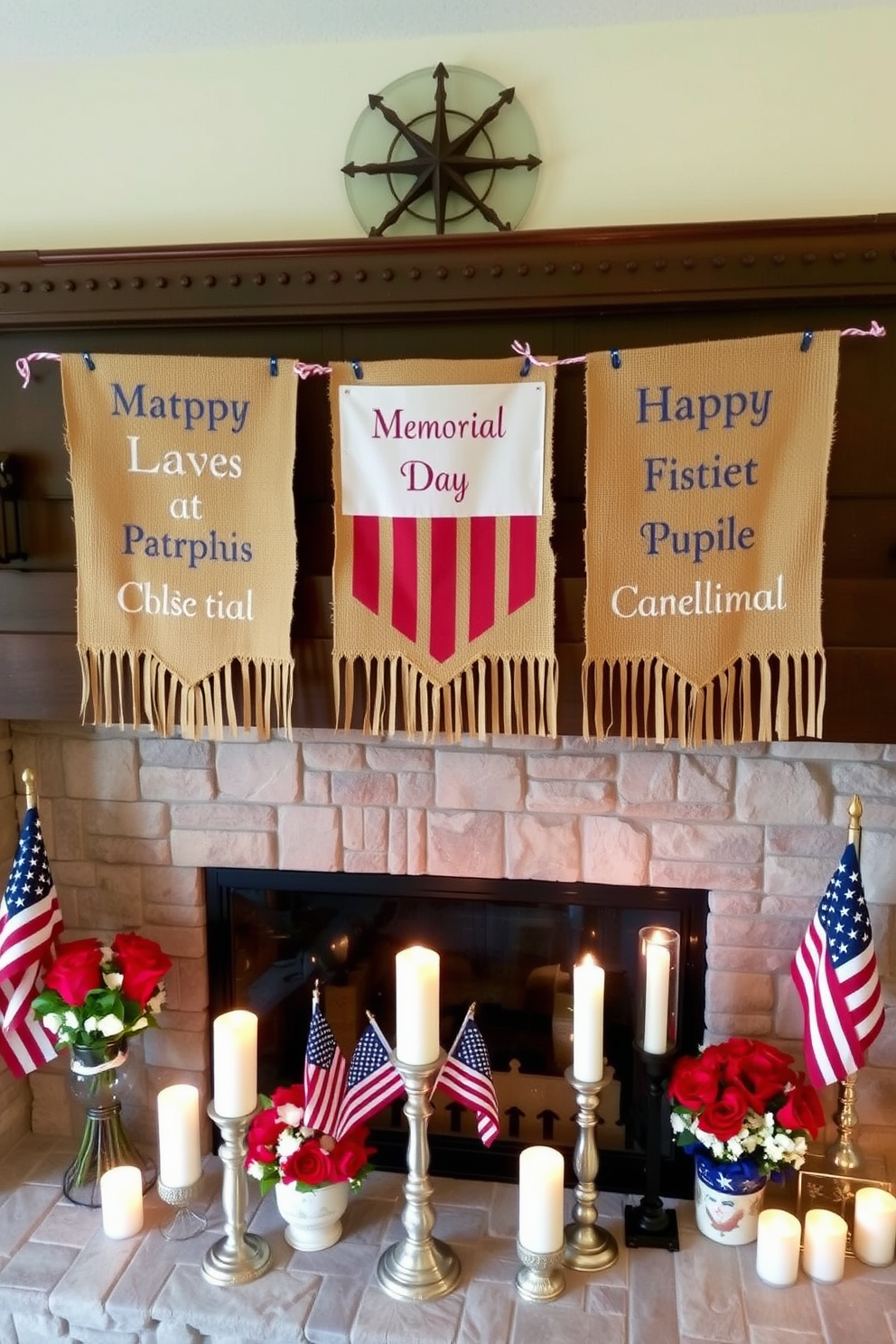 Burlap banners featuring patriotic messages are draped elegantly across the mantel, creating a warm and inviting atmosphere. The banners are adorned with stars and stripes, celebrating the spirit of Memorial Day. The fireplace is decorated with an array of red, white, and blue accents, including small flags and seasonal flowers. Surrounding the hearth, candles in varying heights add a cozy glow, enhancing the festive ambiance.