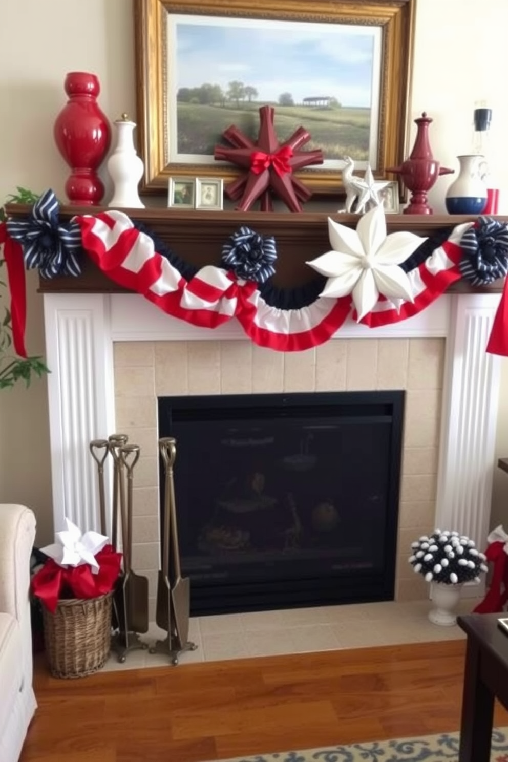 A cozy living room setting featuring a fireplace adorned with red white and blue decorative elements. The fireplace tools are elegantly arranged beside the hearth, showcasing a patriotic theme for Memorial Day celebrations.