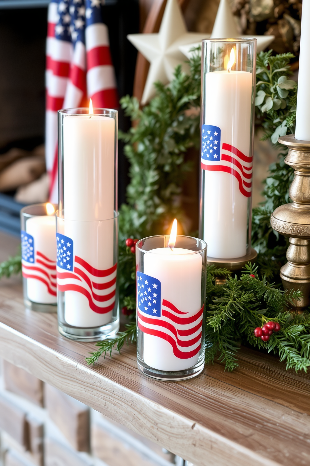 A cozy fireplace adorned with glass candle holders featuring flag designs that evoke the spirit of Memorial Day. The candle holders are arranged on a rustic wooden mantel, complemented by a backdrop of patriotic-themed decor and seasonal greenery.