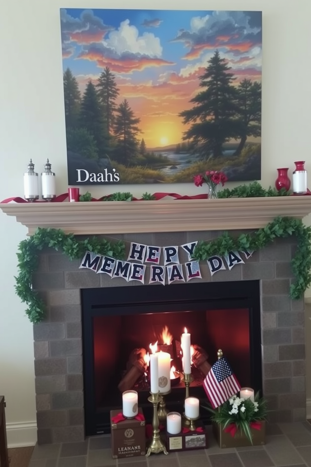 Seasonal artwork featuring American landscapes is displayed above a cozy fireplace. The artwork captures the beauty of nature with vibrant colors and intricate details that evoke a sense of patriotism. The fireplace is adorned with tasteful decorations for Memorial Day. Red white and blue accents are tastefully arranged alongside candles and small flags creating a warm and inviting atmosphere.