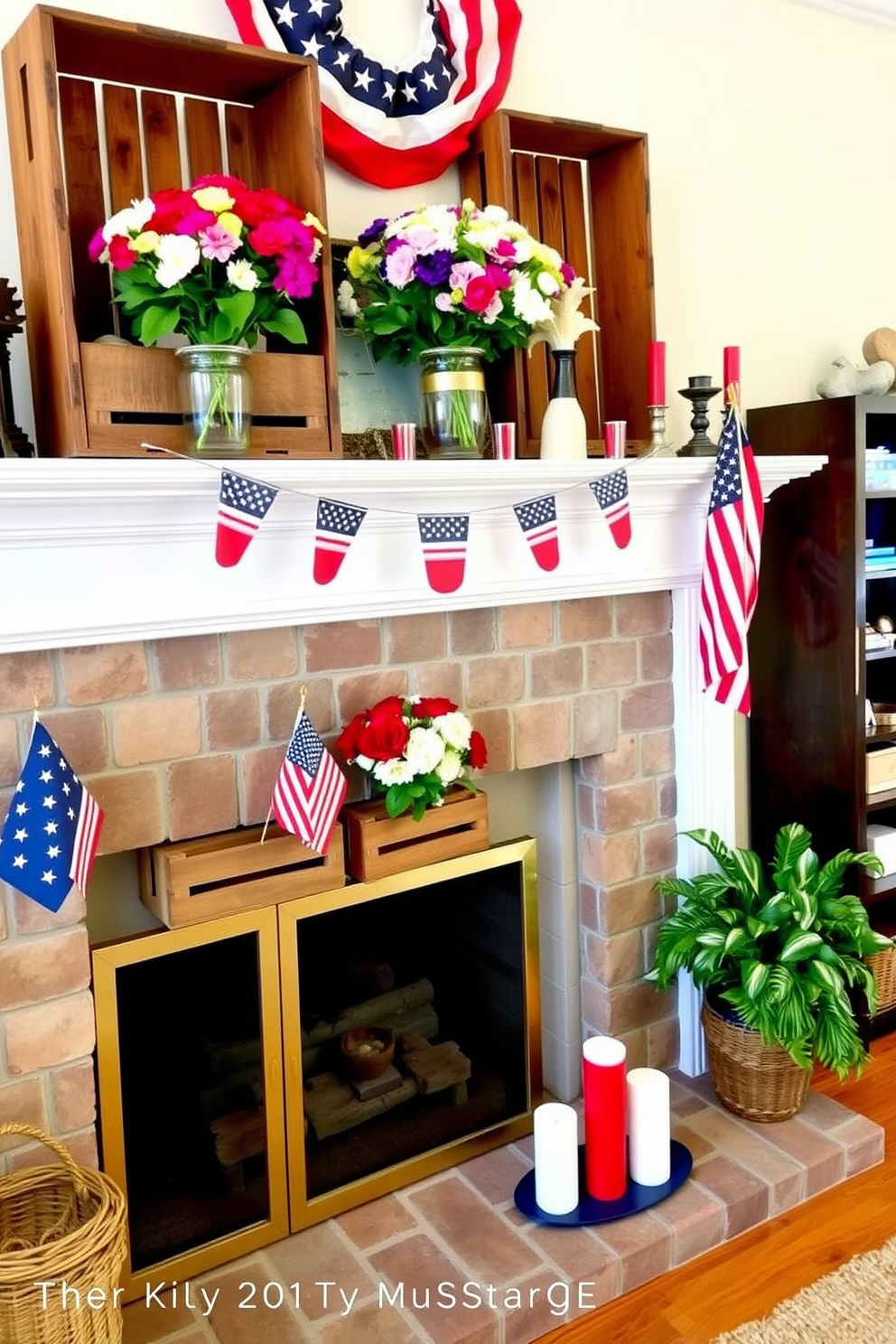 A cozy living room setting featuring a rustic fireplace adorned with wooden crates filled with vibrant summer flowers. The mantel is decorated with patriotic accents for Memorial Day, including small flags and red white and blue candles.