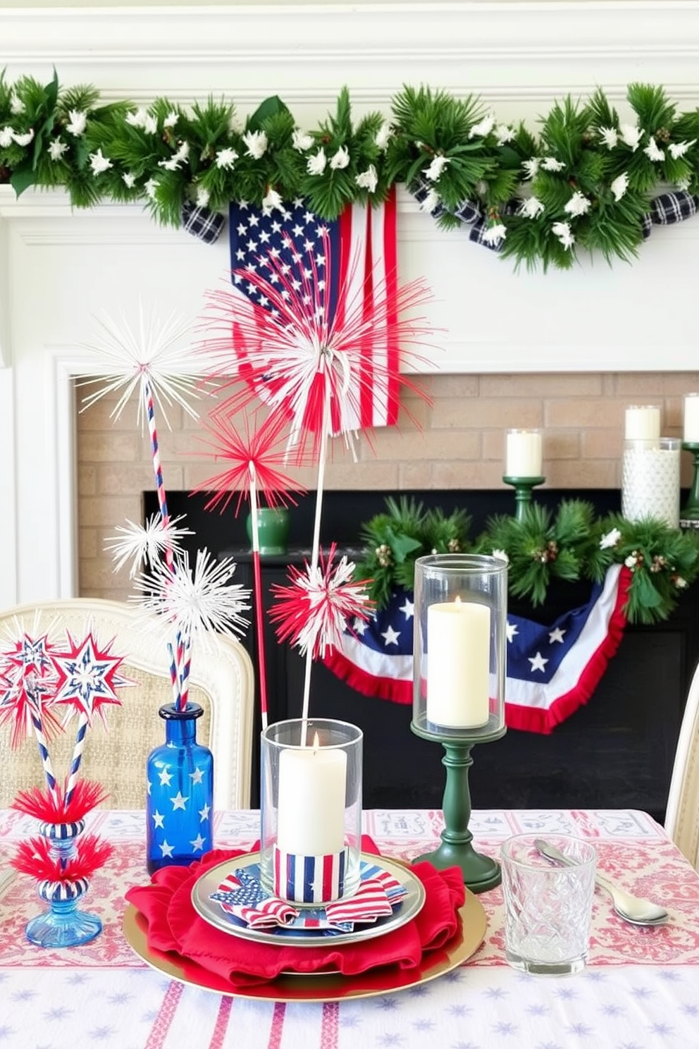 Tabletop fireworks decorations create a lively atmosphere with vibrant colors and playful designs. Arrange miniature firework replicas in varying heights on a festive table setting to enhance the celebratory mood. For Memorial Day fireplace decorating ideas, drape a patriotic garland adorned with red white and blue accents across the mantel. Incorporate candles in glass holders to add warmth and a touch of elegance to the display.