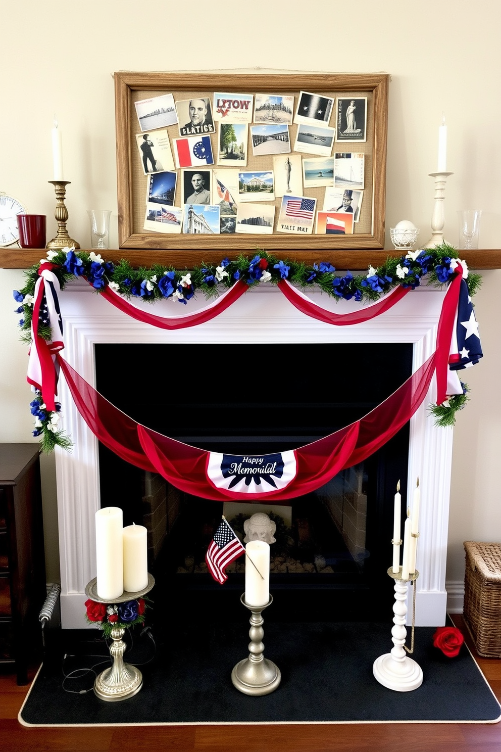 A collection of vintage postcards is elegantly displayed in a rustic wooden frame. The frame is adorned with subtle embellishments, adding charm to the arrangement. The fireplace is beautifully decorated for Memorial Day with a patriotic theme. Red white and blue accents are tastefully incorporated through garlands and candles.