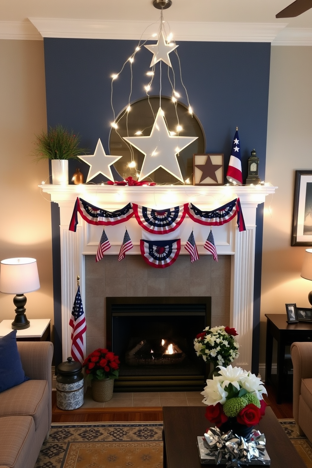 A cozy living room setting features a Memorial Day fireplace adorned with patriotic decorations. Star shaped fairy lights hang gracefully above the fireplace, casting a warm glow on the red white and blue accents. The mantel is decorated with small American flags and seasonal floral arrangements. A comfortable seating area is arranged nearby, inviting family and friends to gather and celebrate.