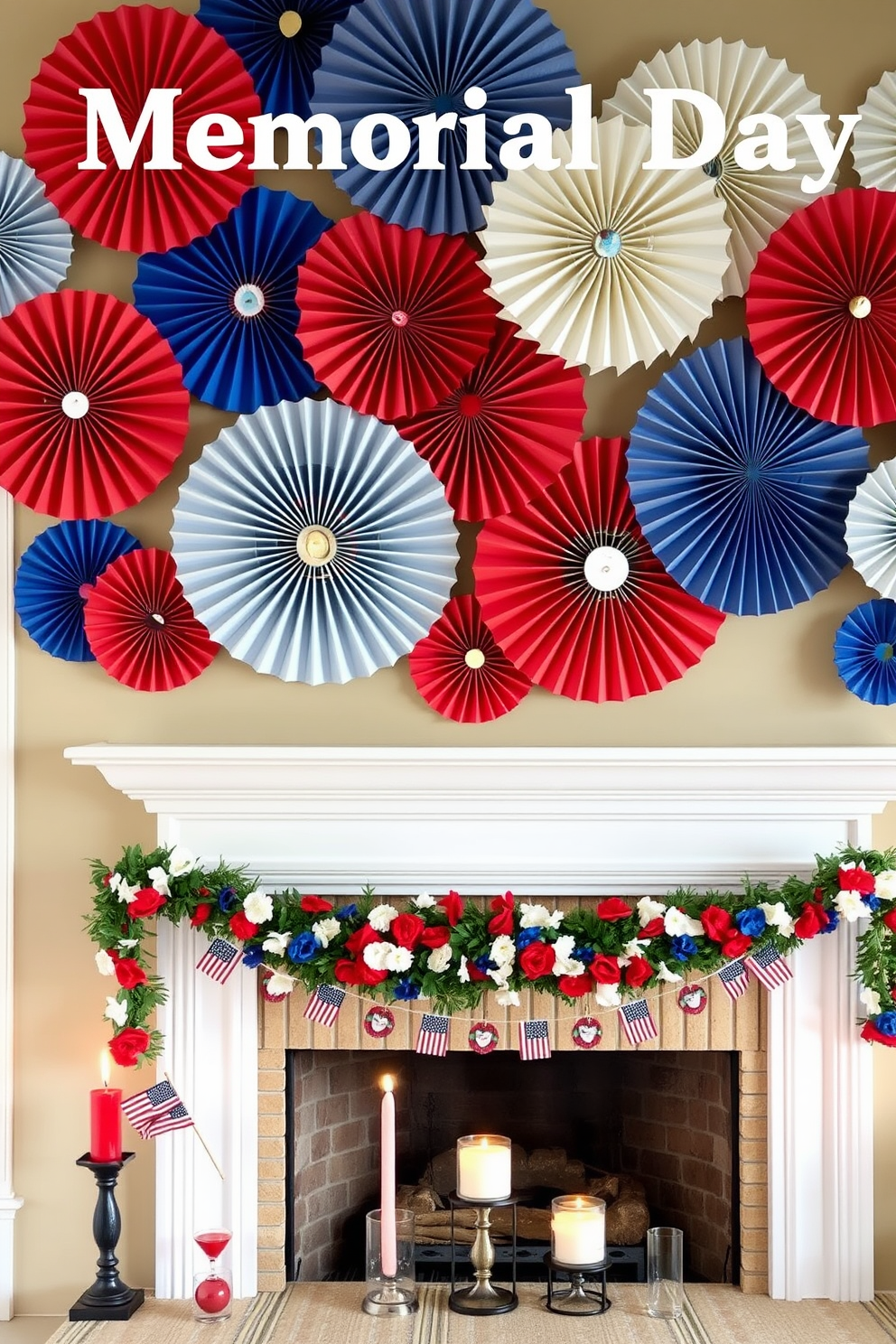 Colorful paper fans in patriotic colors are arranged in a festive display, creating a vibrant backdrop for Memorial Day celebrations. The fans are hung at varying heights, adding depth and dimension to the space while evoking a sense of national pride. A cozy fireplace is adorned with red, white, and blue decorations, featuring garlands of flowers and small flags. Candles in glass holders are placed on the mantel, casting a warm glow and enhancing the inviting atmosphere for family gatherings.