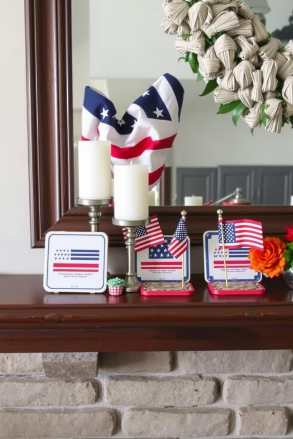 A cozy fireplace mantel decorated for Memorial Day features coasters in a red, white, and blue theme. The coasters are arranged neatly, complemented by small patriotic accents like flags and seasonal flowers.