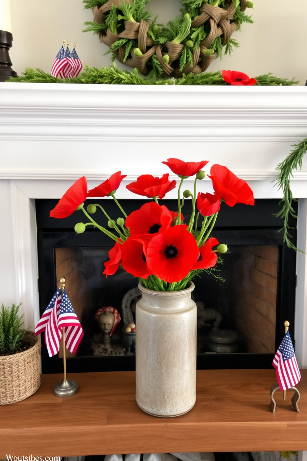 A rustic vase filled with vibrant poppy flowers sits prominently on a wooden mantel. The warm glow of a fireplace enhances the cozy atmosphere, adorned with subtle Memorial Day decorations like small flags and seasonal greenery.