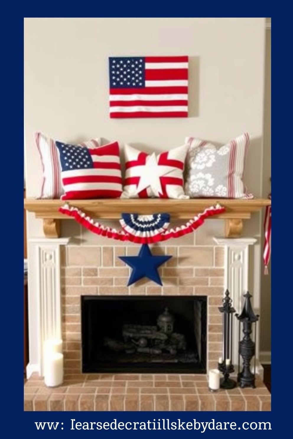 Create a cozy fireplace setting decorated for Memorial Day. The mantel is adorned with red white and blue throw pillows, adding a festive touch to the warm ambiance.