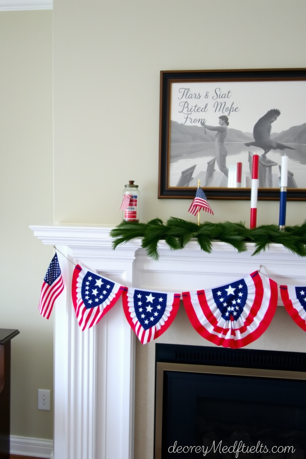 A stars and stripes banner is elegantly draped across the mantel, adding a festive touch to the room. The fireplace is adorned with patriotic decorations, including small American flags and red, white, and blue candles.