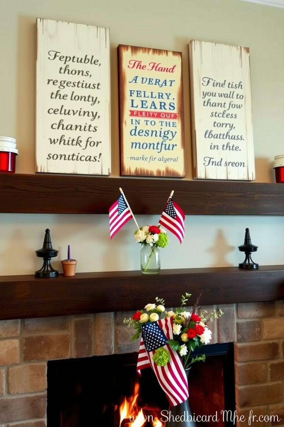 Wooden patriotic signs with inspirational quotes hang above a rustic mantel. The fireplace is adorned with red, white, and blue accents, creating a warm and inviting atmosphere for Memorial Day celebrations. Decorative elements include small American flags and seasonal flowers arranged in a vintage vase. Soft lighting from the fireplace enhances the cozy ambiance, making it perfect for gathering with family and friends.