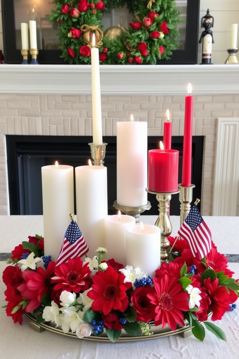 Candle arrangements in red white and blue colors create a festive atmosphere perfect for Memorial Day. Place an assortment of candles in varying heights on a decorative tray to enhance the visual appeal. For fireplace decorating ideas, incorporate patriotic-themed elements such as small flags or stars. Arrange the candles alongside seasonal flowers in matching colors for a cohesive look.