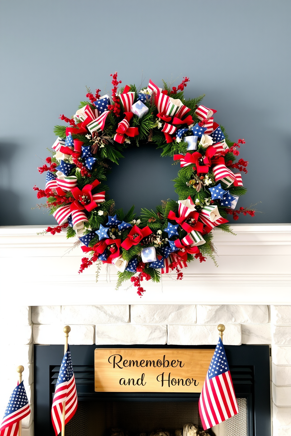 A vibrant seasonal wreath adorned with red white and blue flag motifs is hung above the fireplace creating a festive atmosphere for Memorial Day. The fireplace is decorated with small American flags and a rustic wooden sign that reads Remember and Honor adding a warm touch to the patriotic theme.