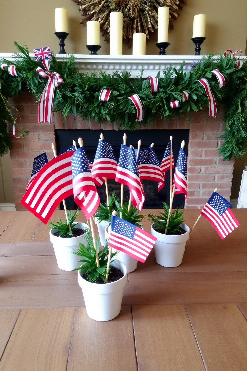 Miniature flags in decorative pots are arranged in a charming display on a rustic wooden table. Each pot features vibrant colors that celebrate Memorial Day, adding a festive touch to the room. The fireplace is adorned with a garland of greenery intertwined with red white and blue ribbons. Candles of varying heights are placed on the mantelpiece, creating a warm and inviting atmosphere for the holiday.