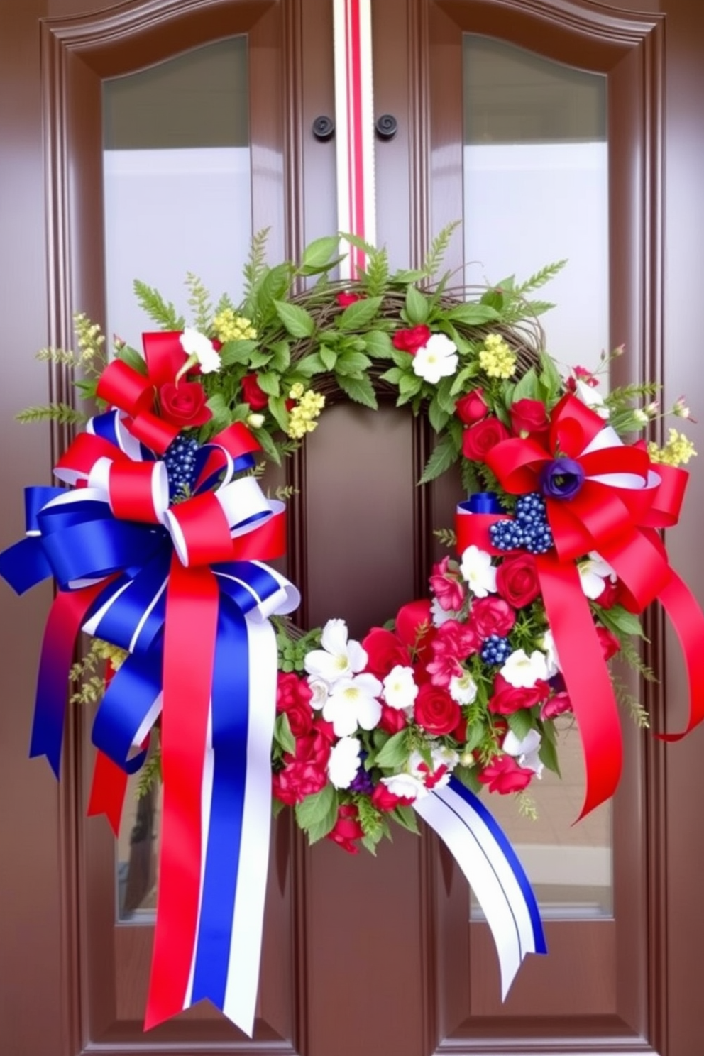 A patriotic wreath adorned with vibrant red white and blue ribbons hangs gracefully on the front door. The wreath features an assortment of seasonal flowers and leaves, creating a festive and welcoming atmosphere for Memorial Day celebrations.