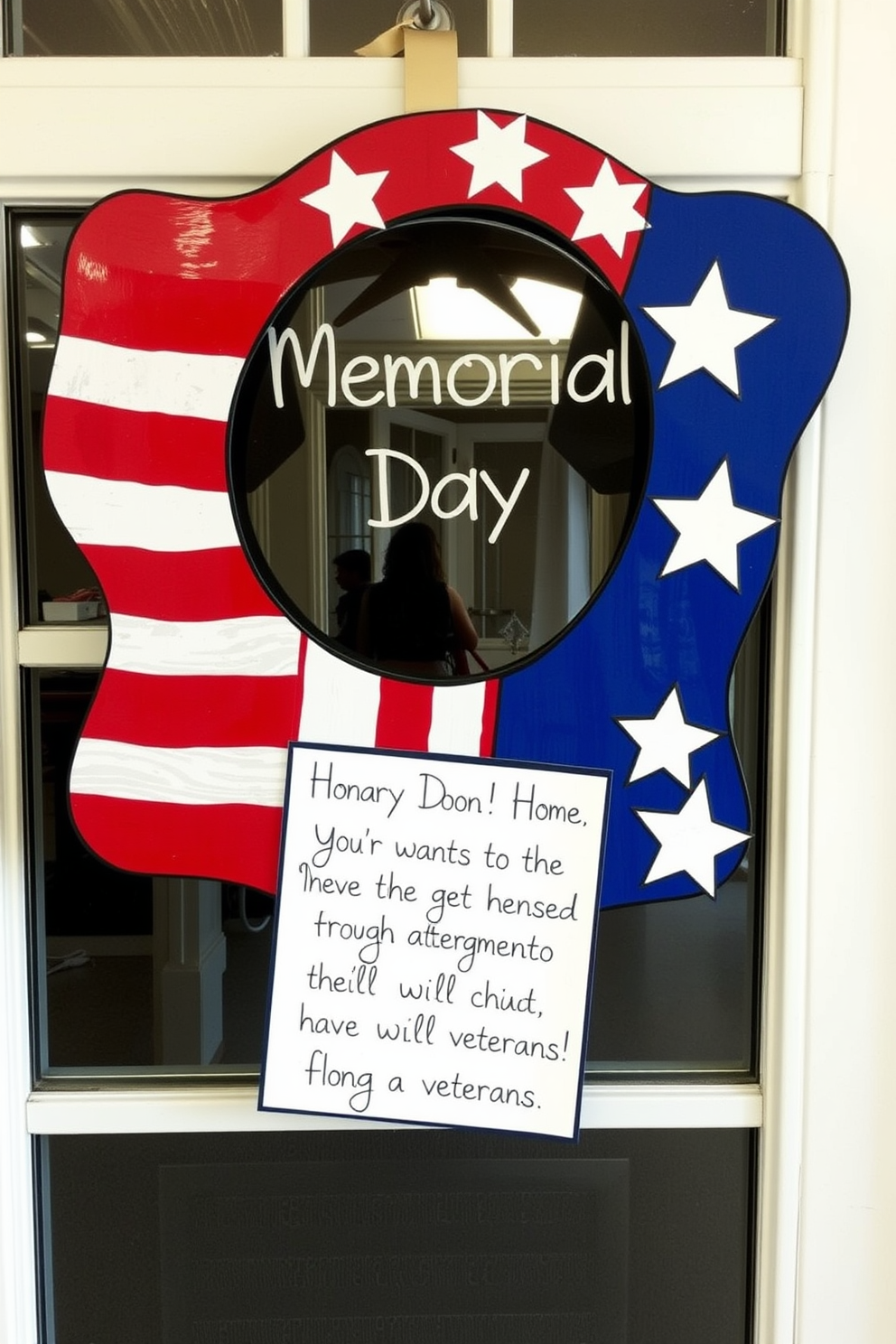 A decorative door hanger designed for Memorial Day features a patriotic theme with red white and blue colors. The hanger is shaped like a flag and includes stars and stripes along with a heartfelt message honoring veterans.