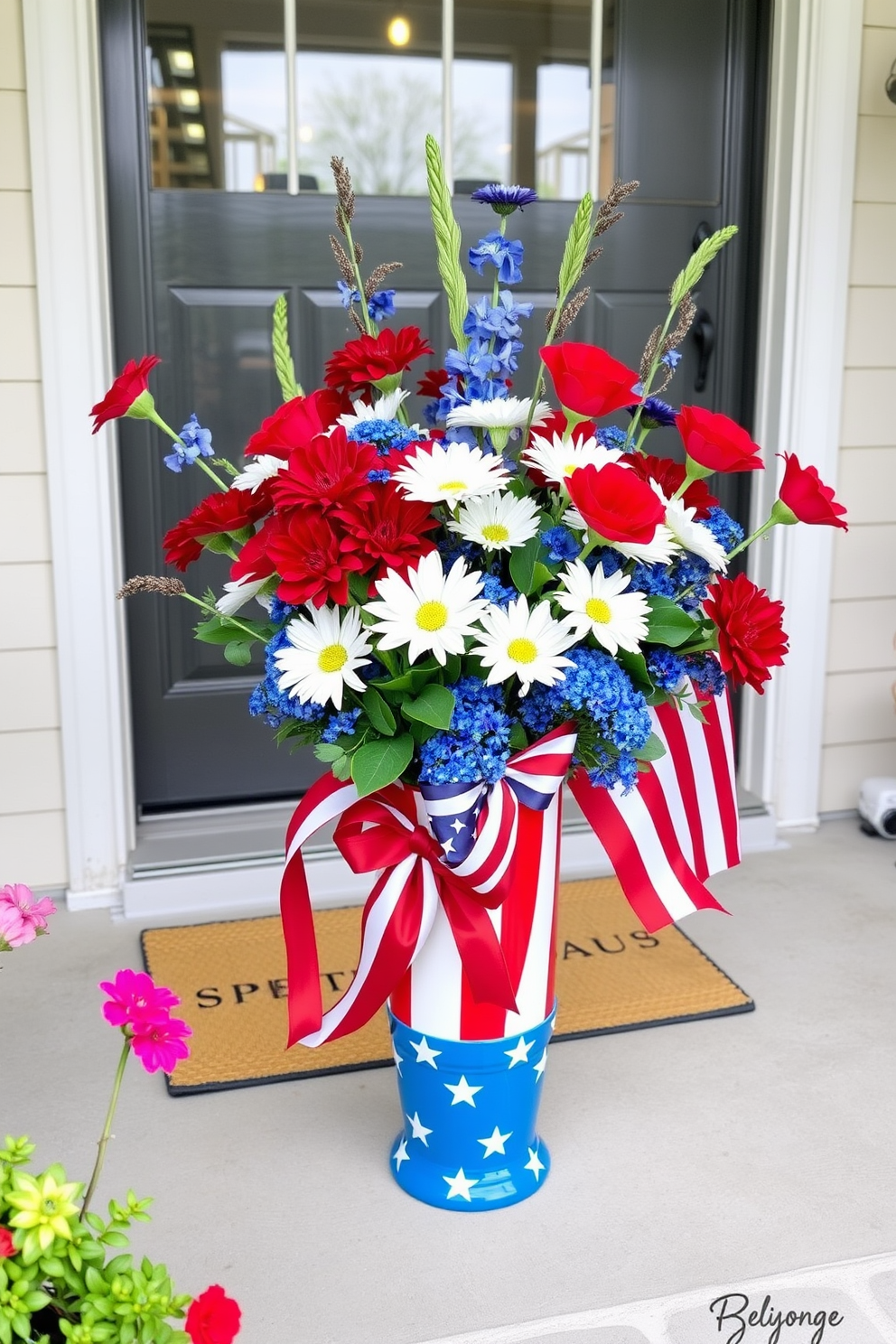 A festive floral arrangement featuring red white and blue flowers is placed in a patriotic vase on the front porch. The vibrant colors of the blooms complement the welcoming atmosphere of the home for Memorial Day celebrations.