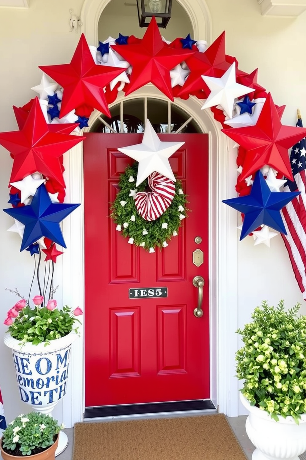 A charming front door adorned with ceramic stars and stripes decor celebrates Memorial Day. The vibrant colors of red, white, and blue create a festive and welcoming atmosphere for guests.