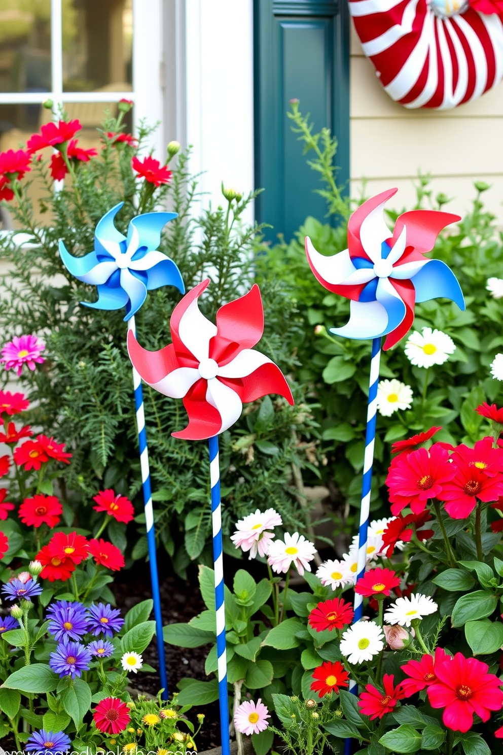 Create a festive front door display featuring red white and blue pinwheel garden stakes. Arrange the stakes in a vibrant garden setting with blooming flowers and greenery to celebrate Memorial Day.