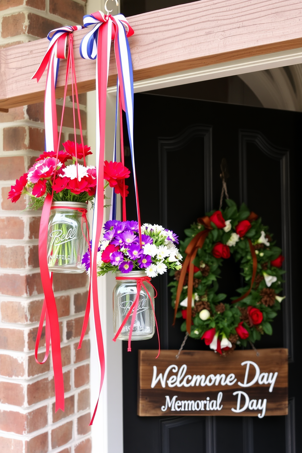 Hanging mason jars filled with vibrant flowers adorn the front door, creating a warm and inviting atmosphere. The jars are suspended from a rustic wooden beam, adding a charming touch to the entrance. Red, white, and blue ribbons gracefully intertwine with the jars, celebrating the spirit of Memorial Day. A welcome sign crafted from reclaimed wood complements the floral display, enhancing the festive decor.