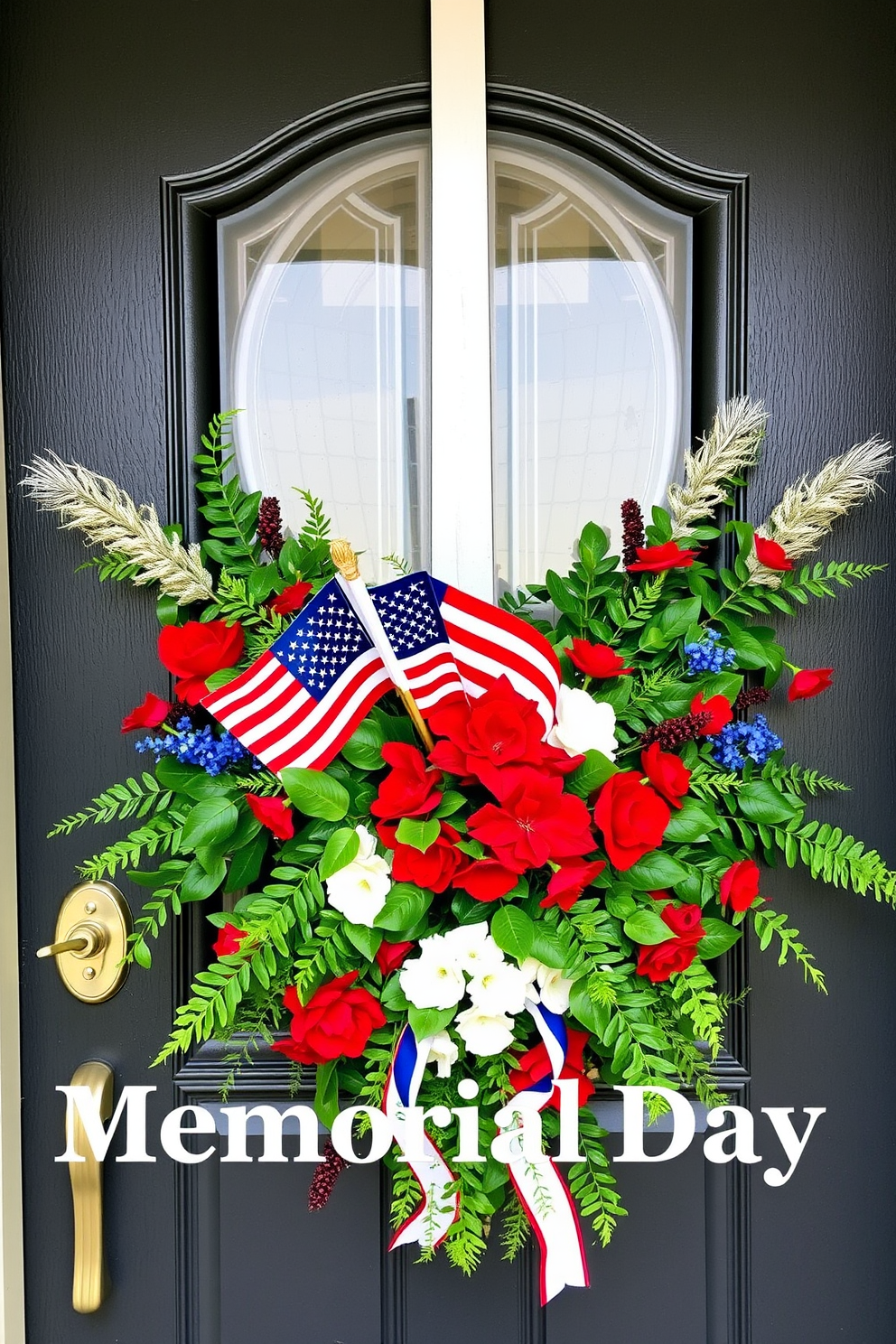 A patriotic themed door swag adorned with lush greenery creates a welcoming entrance for Memorial Day. The vibrant red, white, and blue accents complement the natural elements, celebrating the spirit of the holiday.