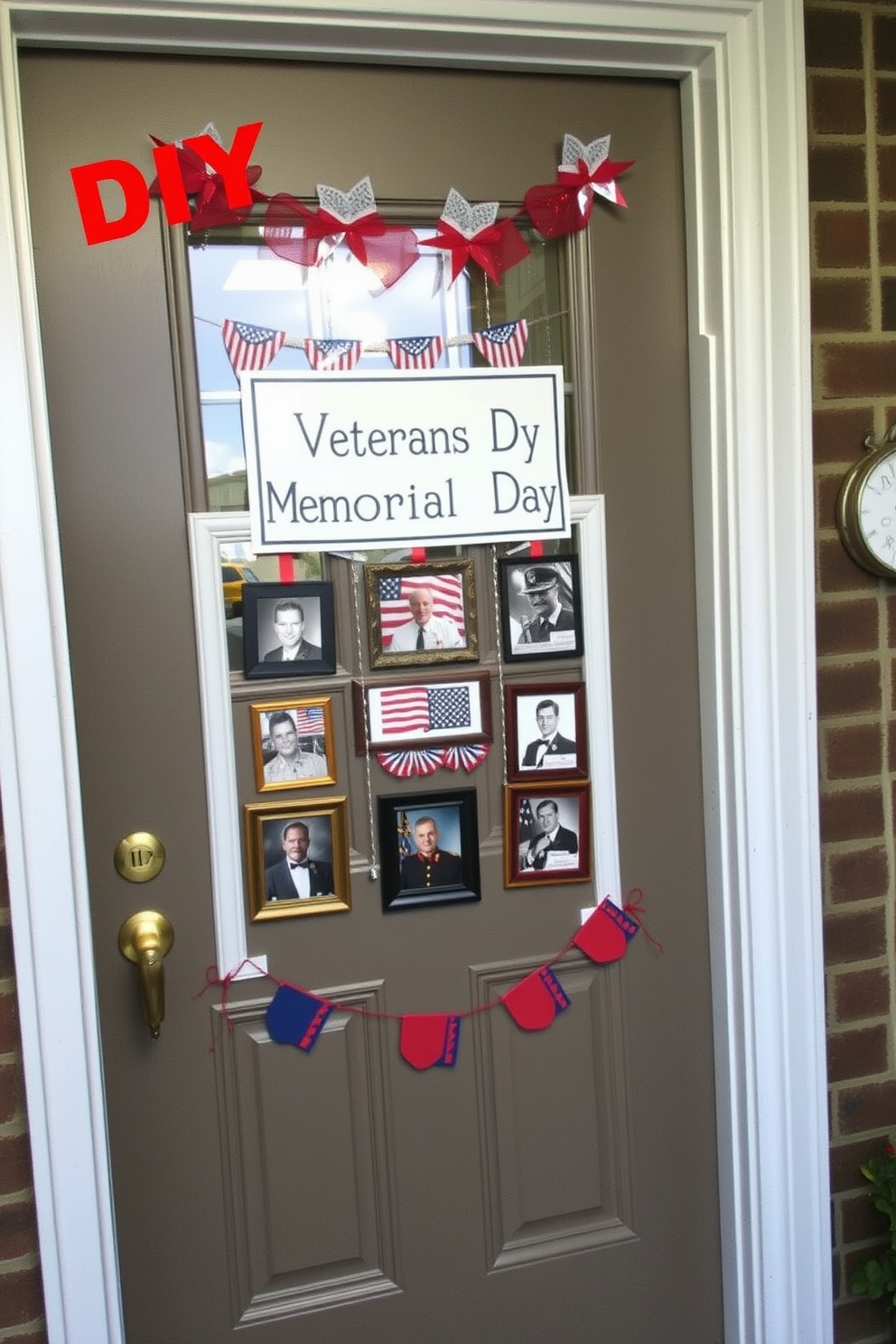 A vibrant DIY photo collage celebrating Veterans Memorial Day is displayed on the front door. The collage features framed photographs of veterans, surrounded by red white and blue decorations that evoke a patriotic spirit.