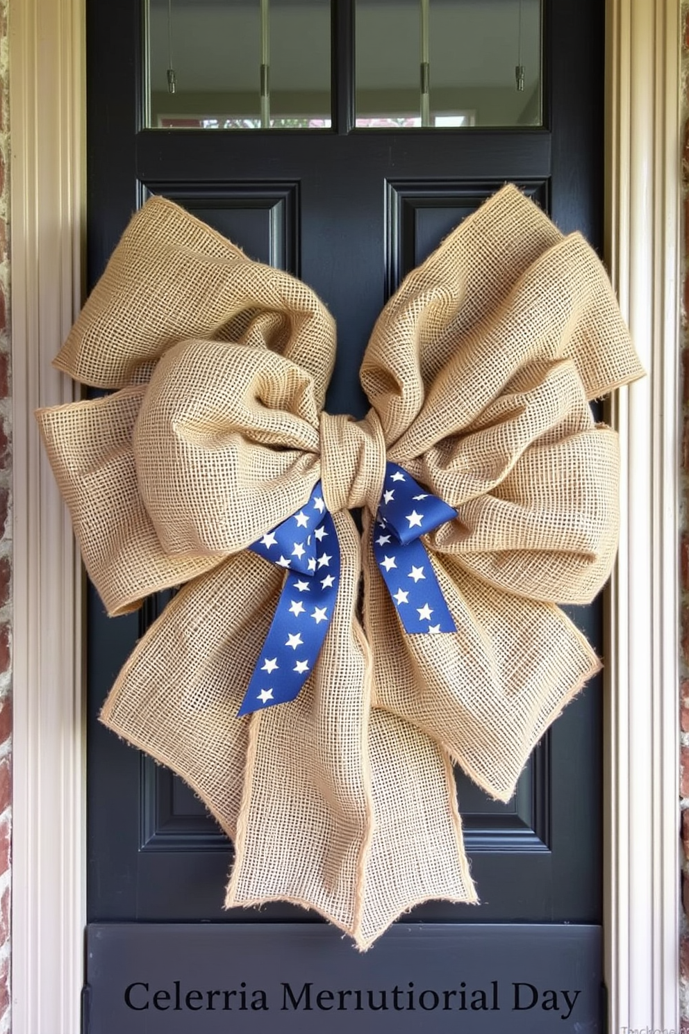 A large bow crafted from burlap fabric is elegantly tied around the front door, creating a warm and inviting entrance. The natural texture of the burlap adds a rustic charm, perfect for celebrating Memorial Day.