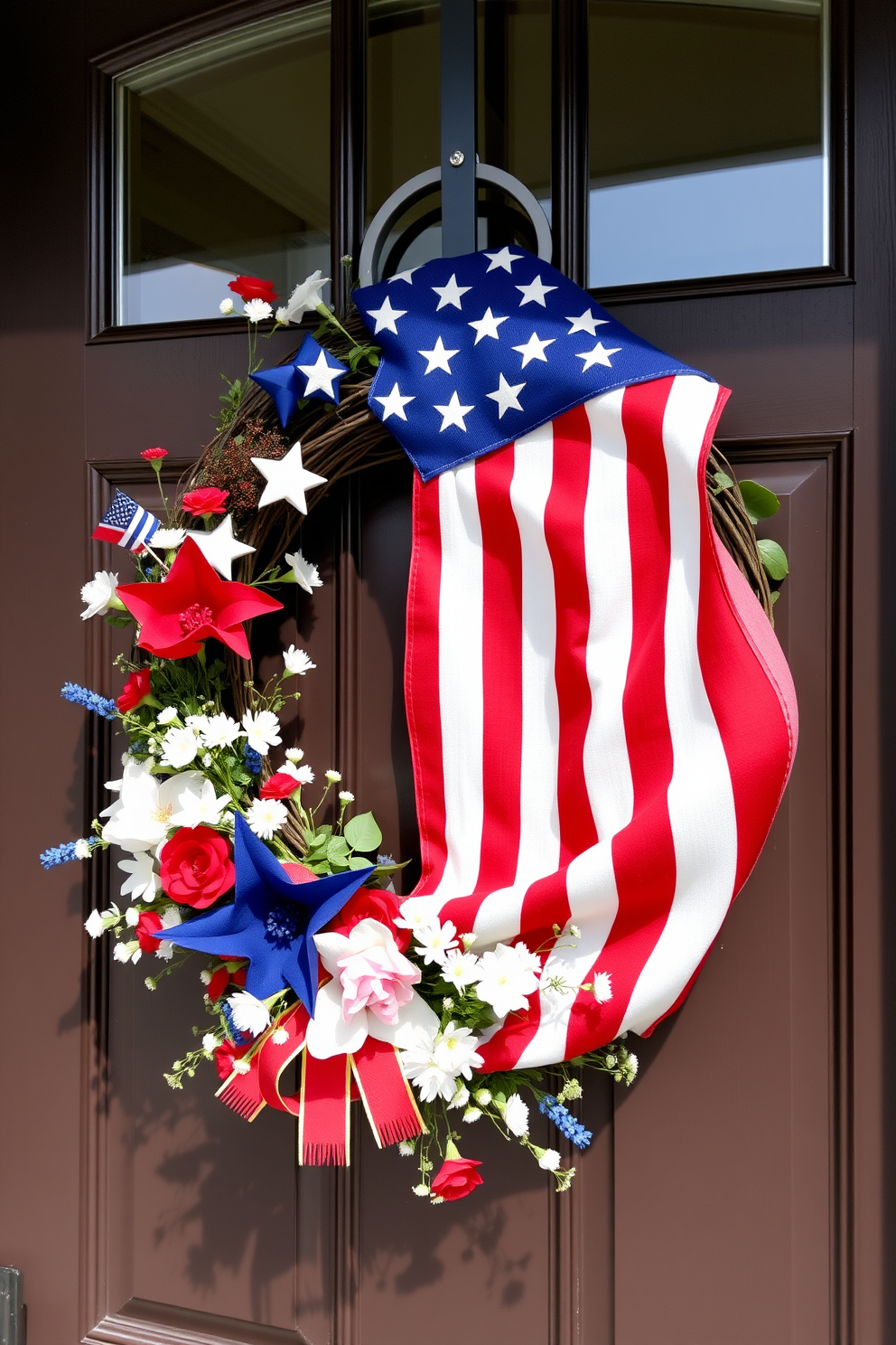 A seasonal flag wreath adorned with red white and blue embellishments hangs proudly on the front door. The wreath features stars and stripes along with delicate flowers that enhance the festive spirit of Memorial Day.