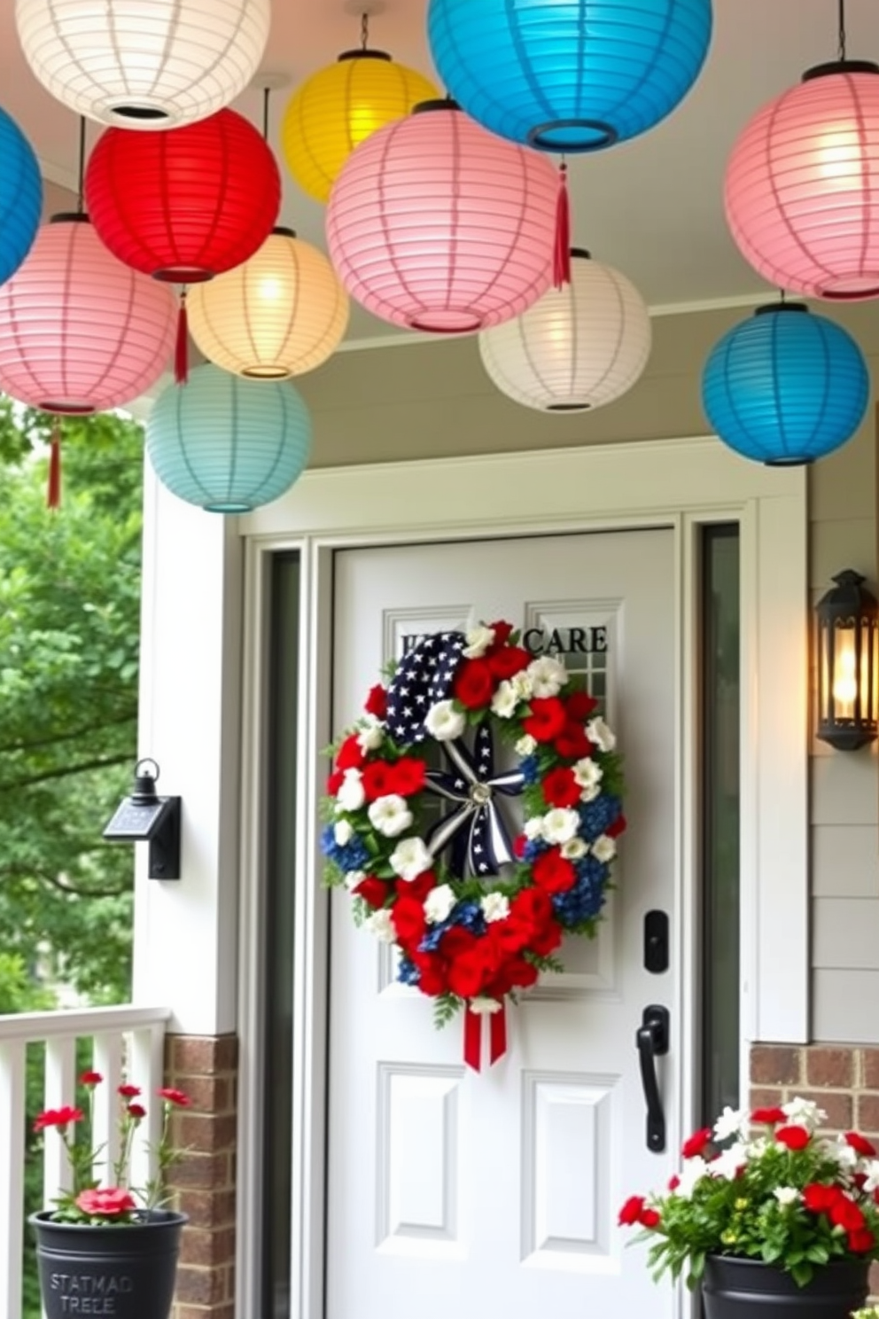 Colorful paper lanterns are suspended from the porch, creating a festive atmosphere for Memorial Day. The front door is adorned with a vibrant wreath made of red, white, and blue flowers, welcoming guests with patriotic cheer.