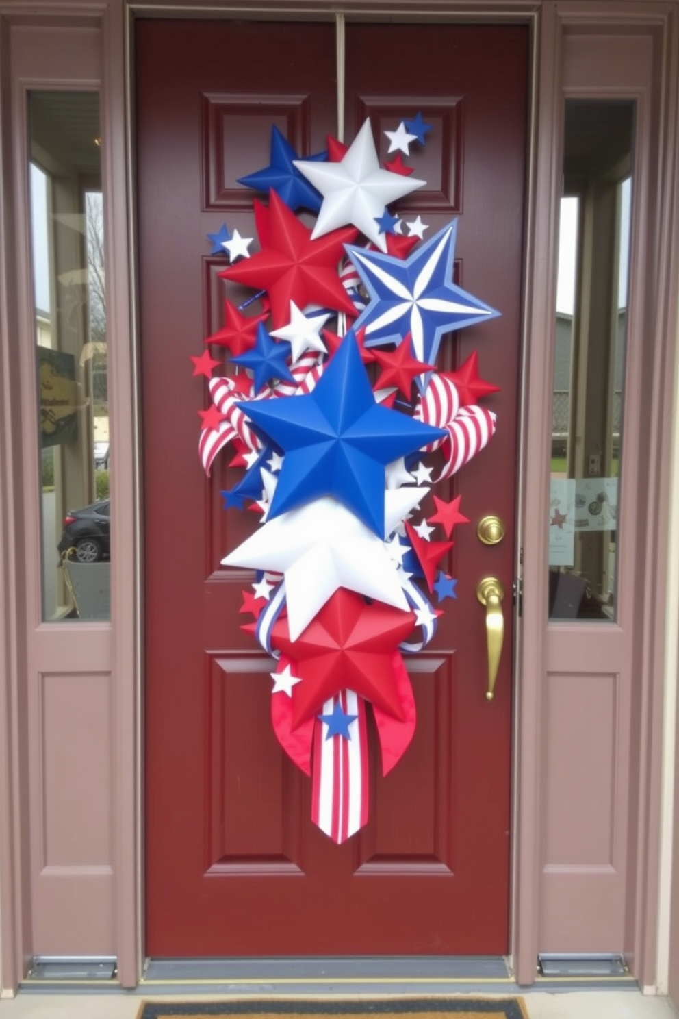 A vibrant door banner display featuring an array of red white and blue stars and stripes. The banner is elegantly draped across the front door creating a festive atmosphere for Memorial Day celebrations.