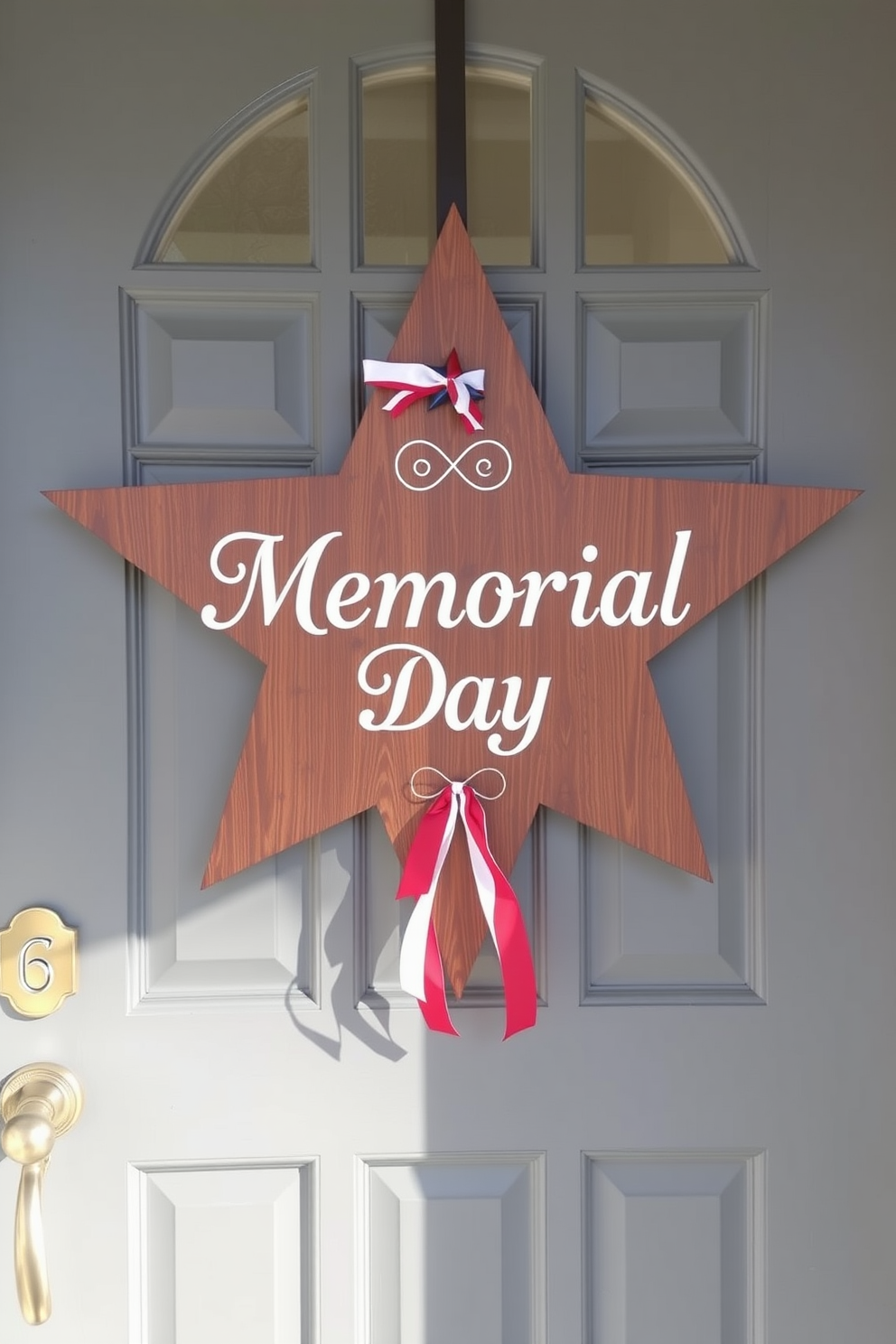 A decorative wooden star is prominently displayed on the front door, featuring elegant lettering that reads Memorial Day. The star is adorned with red, white, and blue accents, creating a festive and patriotic atmosphere.