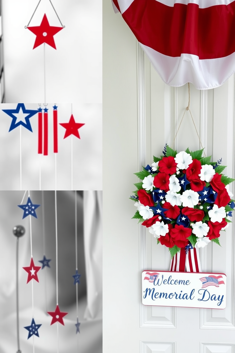 A collection of wind chimes designed to honor Memorial Day. Each chime features red white and blue colors with stars and stripes motifs. A beautifully decorated front door for Memorial Day. The door is adorned with a large wreath made of artificial flowers in patriotic colors and a welcome sign that celebrates the holiday.