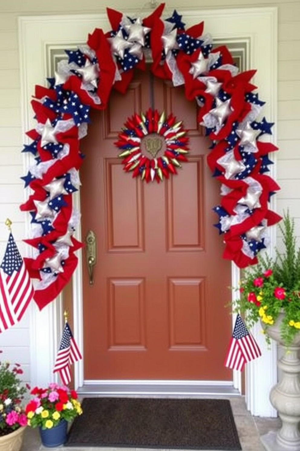 A vibrant patriotic garland is elegantly draped across the doorway, showcasing red, white, and blue colors in a festive arrangement. The entrance is adorned with small American flags and seasonal flowers, creating a welcoming atmosphere for Memorial Day celebrations.