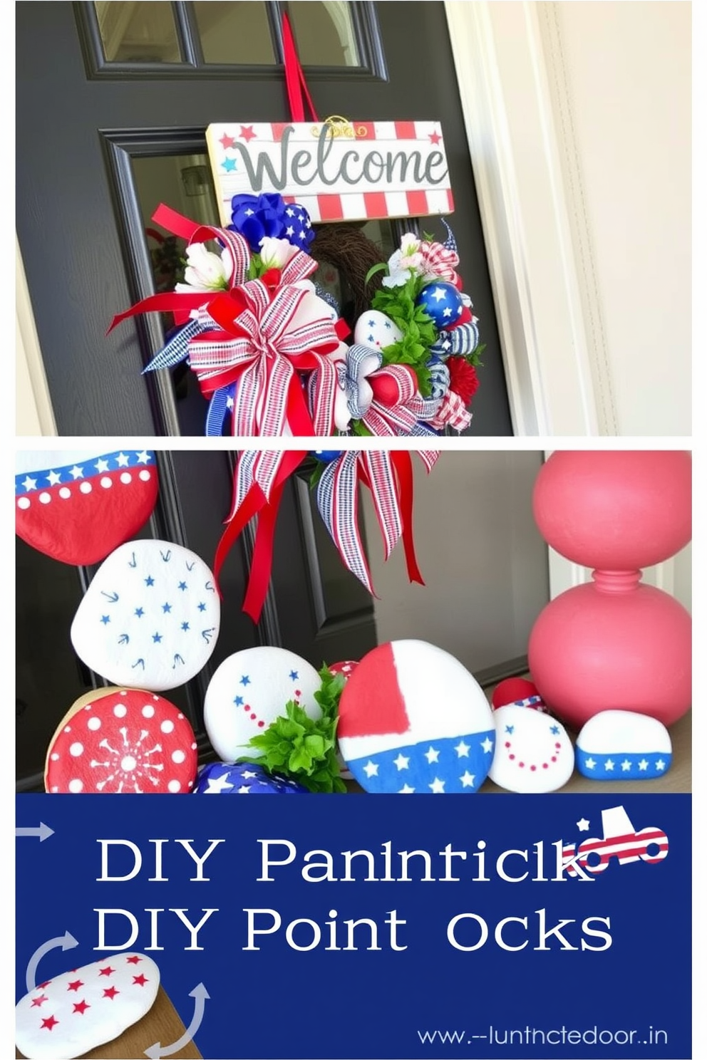 A collection of DIY painted rocks featuring patriotic designs is displayed at the entrance. The rocks are vibrantly colored with red white and blue patterns and are arranged in a decorative manner around the front door. The front door is adorned with a festive wreath made of red white and blue ribbons and faux flowers. A welcome sign with stars and stripes hangs above the door to enhance the patriotic theme.