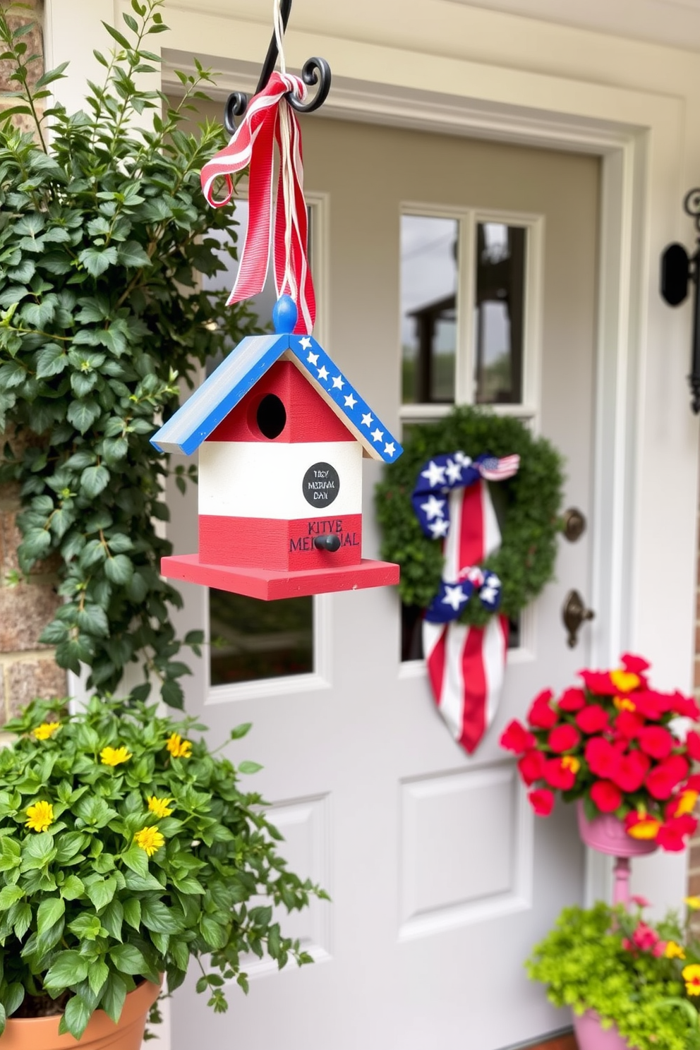 A charming front door adorned with a hanging birdhouse painted in vibrant flag colors to celebrate Memorial Day. The birdhouse is surrounded by lush greenery and colorful flower pots, creating a welcoming and festive atmosphere.