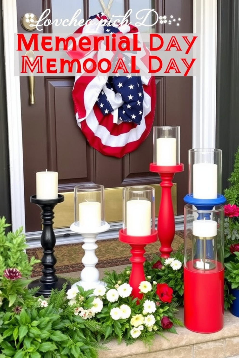 Create a festive front door display for Memorial Day featuring red white and blue candle holders arranged on the steps. The candle holders should vary in height and design to add visual interest, surrounded by seasonal flowers and greenery for a patriotic touch.