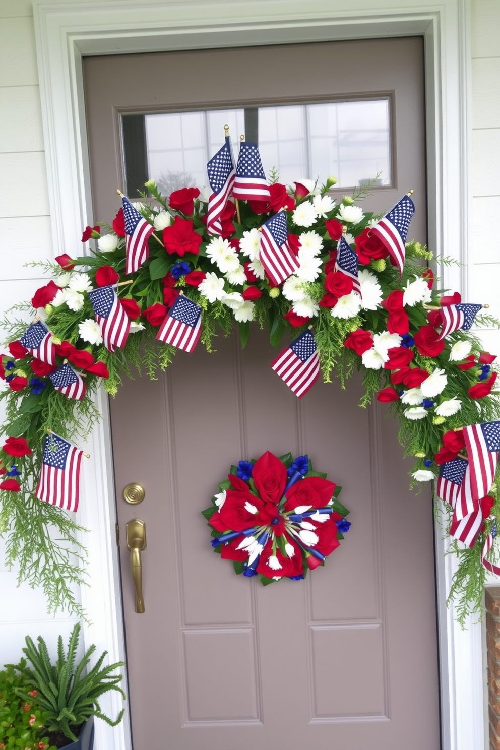 A vibrant floral swag adorned with small American flags gracefully drapes across the top of the front door. The arrangement features a mix of red white and blue flowers creating a festive and welcoming atmosphere for Memorial Day.