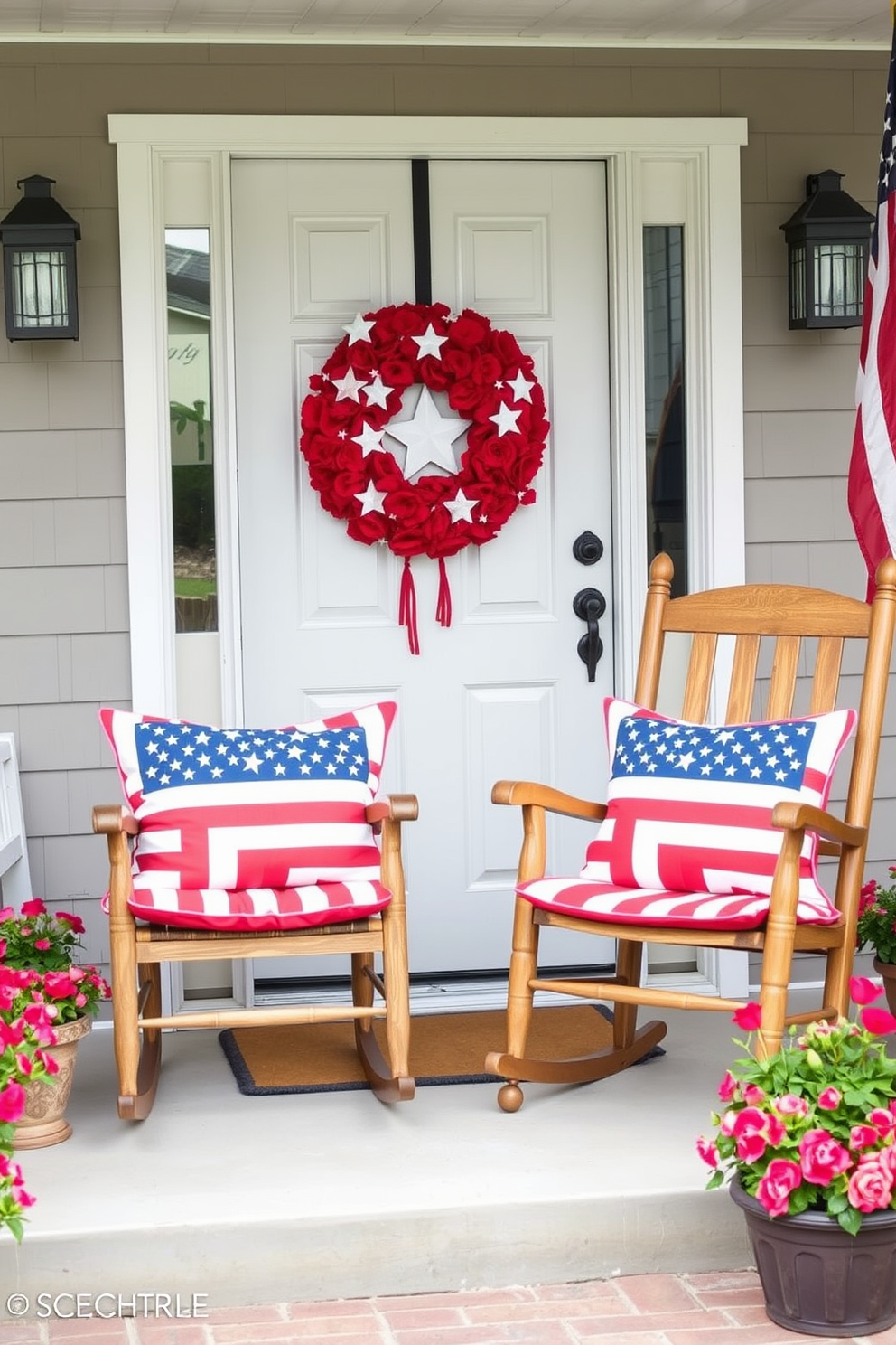 Patriotic themed chair cushions adorn a charming porch, featuring bold red, white, and blue patterns that celebrate the spirit of Memorial Day. The cushions are complemented by a rustic wooden rocking chair, inviting guests to relax and enjoy the festive atmosphere. The front door is beautifully decorated with a vibrant wreath made of red flowers and white stars, symbolizing national pride. Flanking the door are potted plants with bright blooms, enhancing the welcoming ambiance of the home.