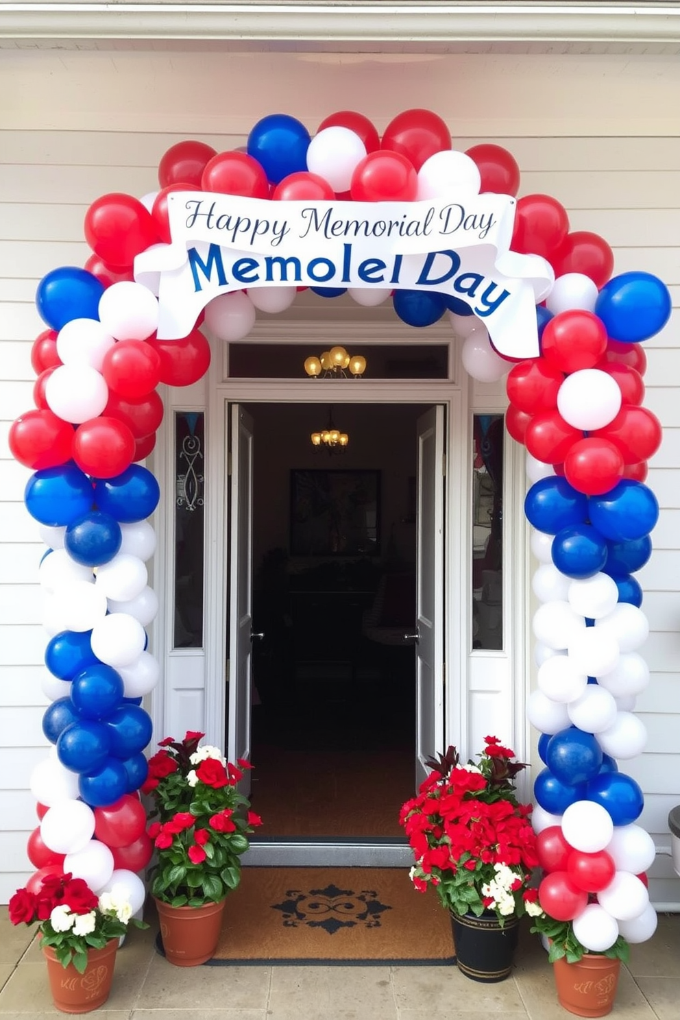 A stunning doorway arch made entirely of colorful balloons welcomes guests to a festive Memorial Day celebration. The vibrant arrangement features red white and blue balloons artfully intertwined creating a cheerful and patriotic entrance. Above the arch a banner reading Happy Memorial Day is elegantly draped adding a personal touch to the decor. Surrounding the doorway are potted flowers in red and white hues enhancing the festive atmosphere and inviting everyone to join the celebration.