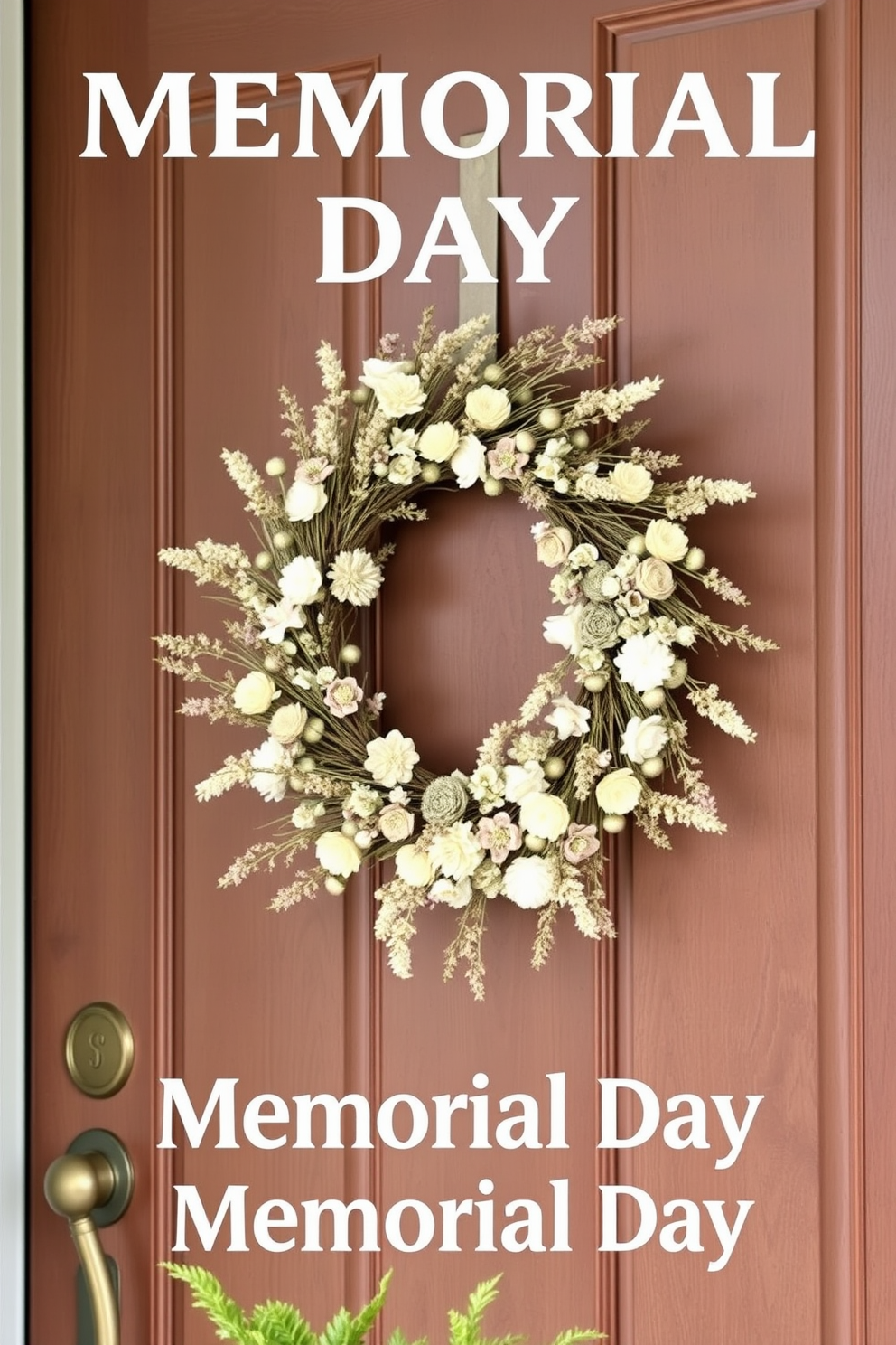 A beautiful front door adorned with a seasonal wreath made of dried flowers in soft pastel hues. The wreath is complemented by a rustic wooden door and a subtle backdrop of greenery, creating a welcoming atmosphere for Memorial Day.