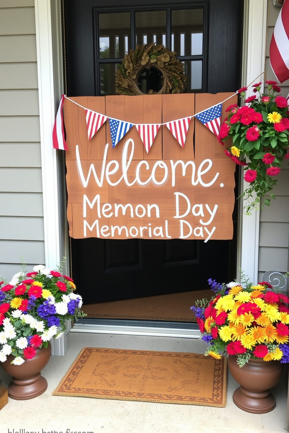 A rustic wooden welcome sign adorned with colorful flags greets guests at the front door. The sign features hand-painted lettering and is complemented by vibrant floral arrangements on either side, creating a festive Memorial Day atmosphere.