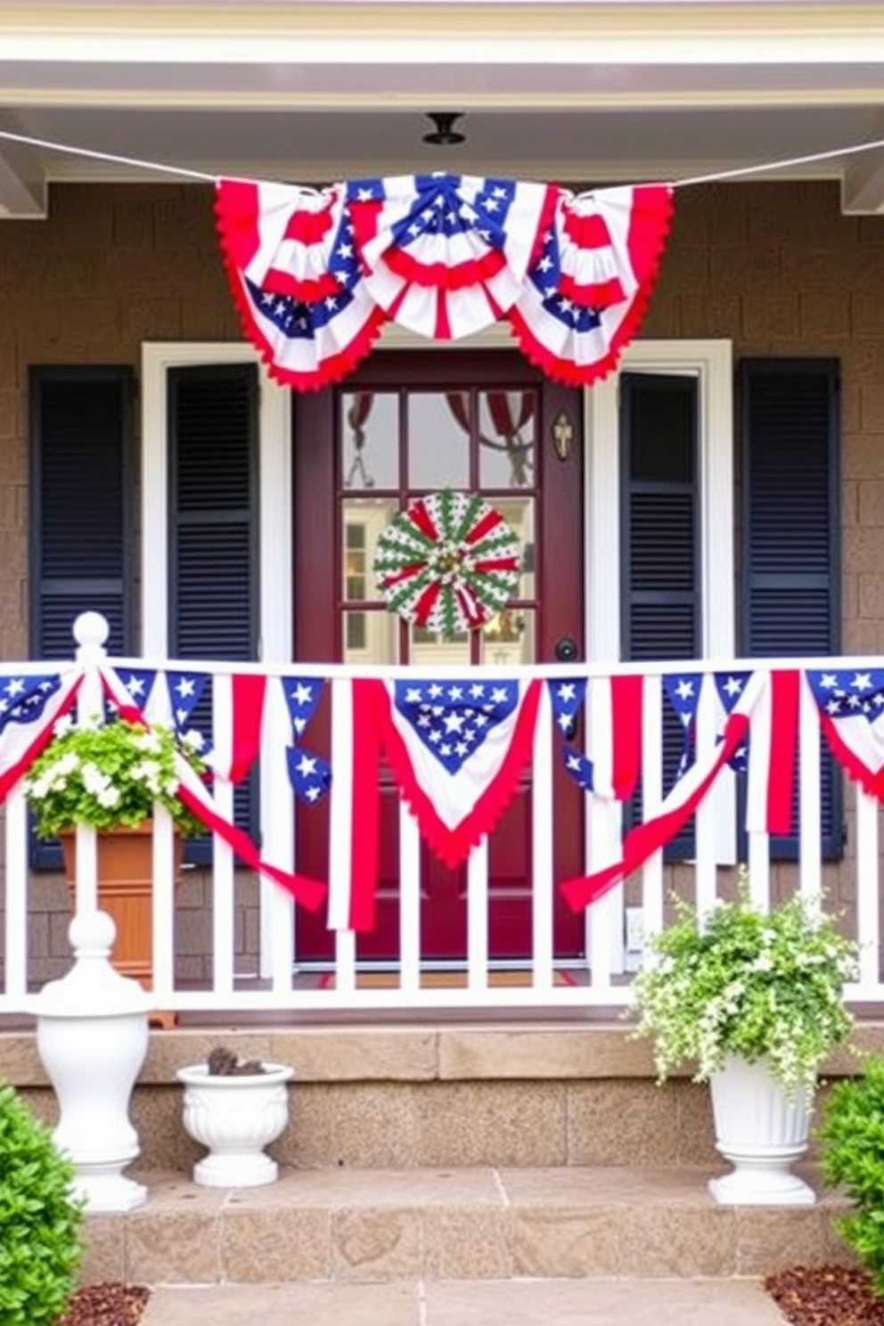 A charming front porch adorned with hanging flag bunting across the railing. The vibrant red white and blue colors create a festive atmosphere perfect for Memorial Day celebrations.