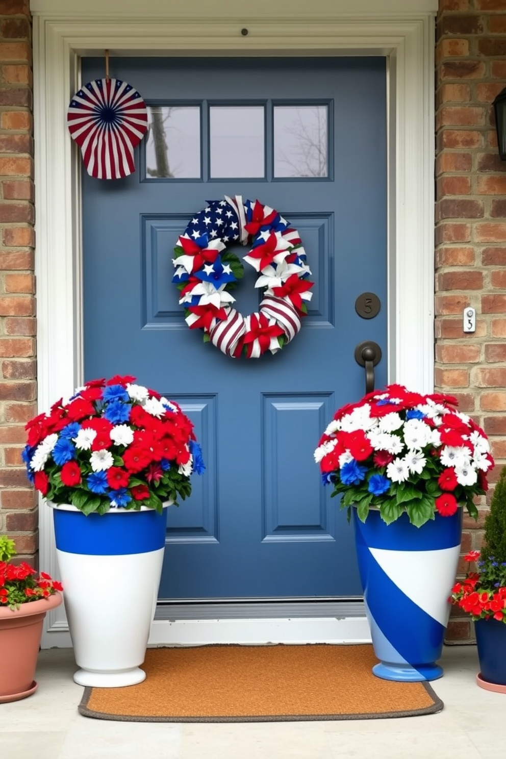 A charming front door adorned with flower pots showcasing vibrant red white and blue blooms. The pots are arranged symmetrically on either side of the door, creating a welcoming and festive atmosphere for Memorial Day.