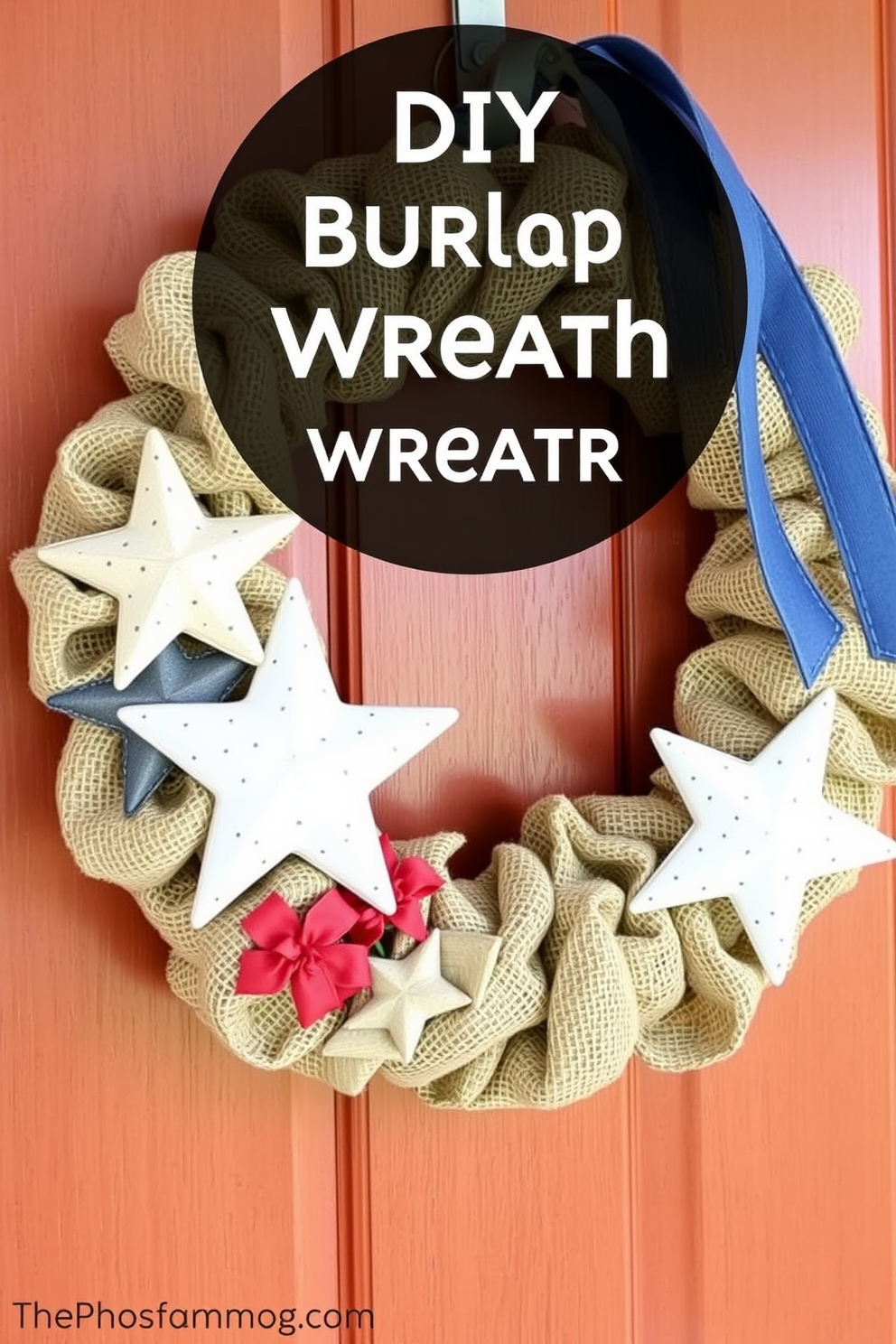 A charming DIY burlap wreath adorned with rustic star accents. This festive decoration is perfect for welcoming guests on Memorial Day.