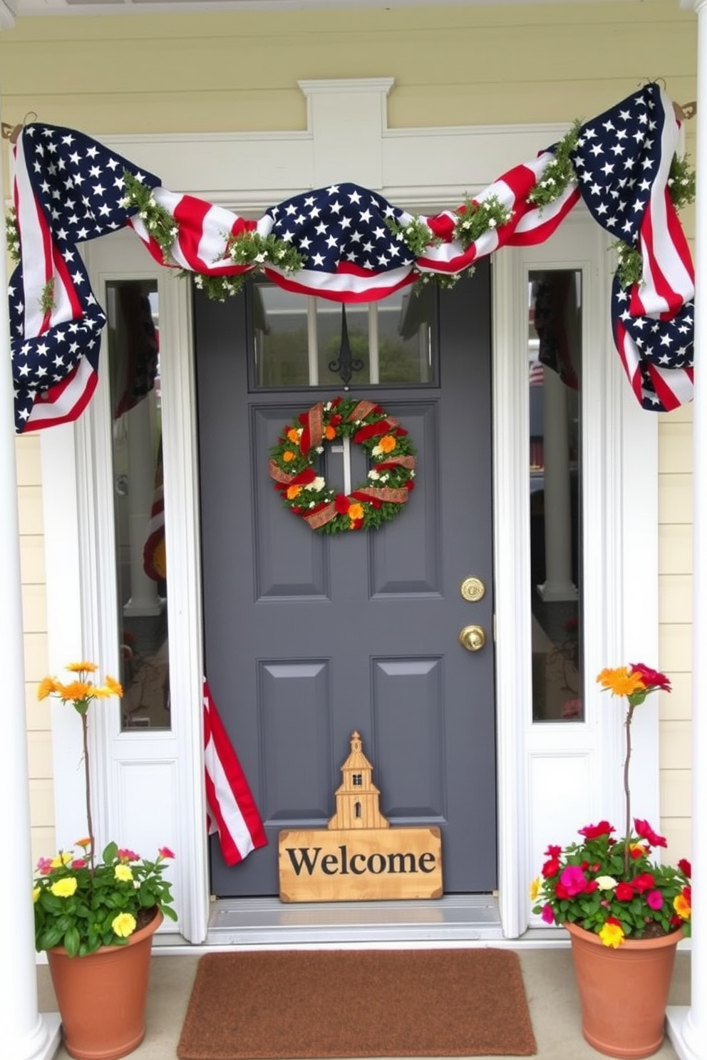 A festive front door adorned with a hanging American flag garland creates a welcoming atmosphere for Memorial Day. The garland features vibrant red white and blue colors and is draped elegantly across the top of the door frame. Flanking the door are potted plants with bright seasonal flowers adding a touch of natural beauty. A small wooden welcome sign complements the patriotic theme enhancing the overall decor.