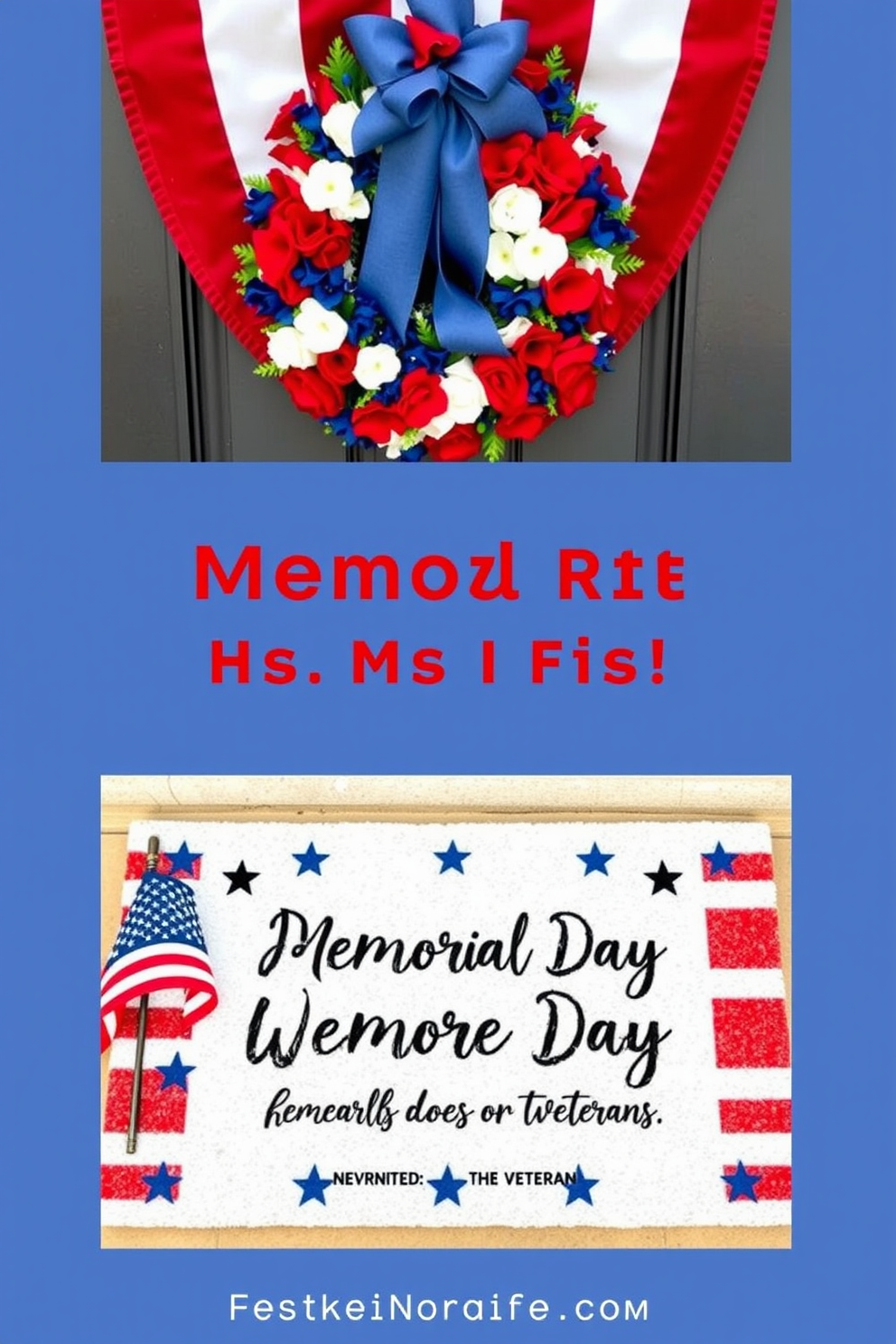 A Memorial Day themed doormat design featuring a patriotic color palette of red white and blue. The doormat showcases stars and stripes along with a heartfelt message honoring veterans. Memorial Day front door decorating ideas that include a wreath made of red white and blue flowers. Accentuate the door with small American flags and seasonal decorations that celebrate the spirit of the holiday.