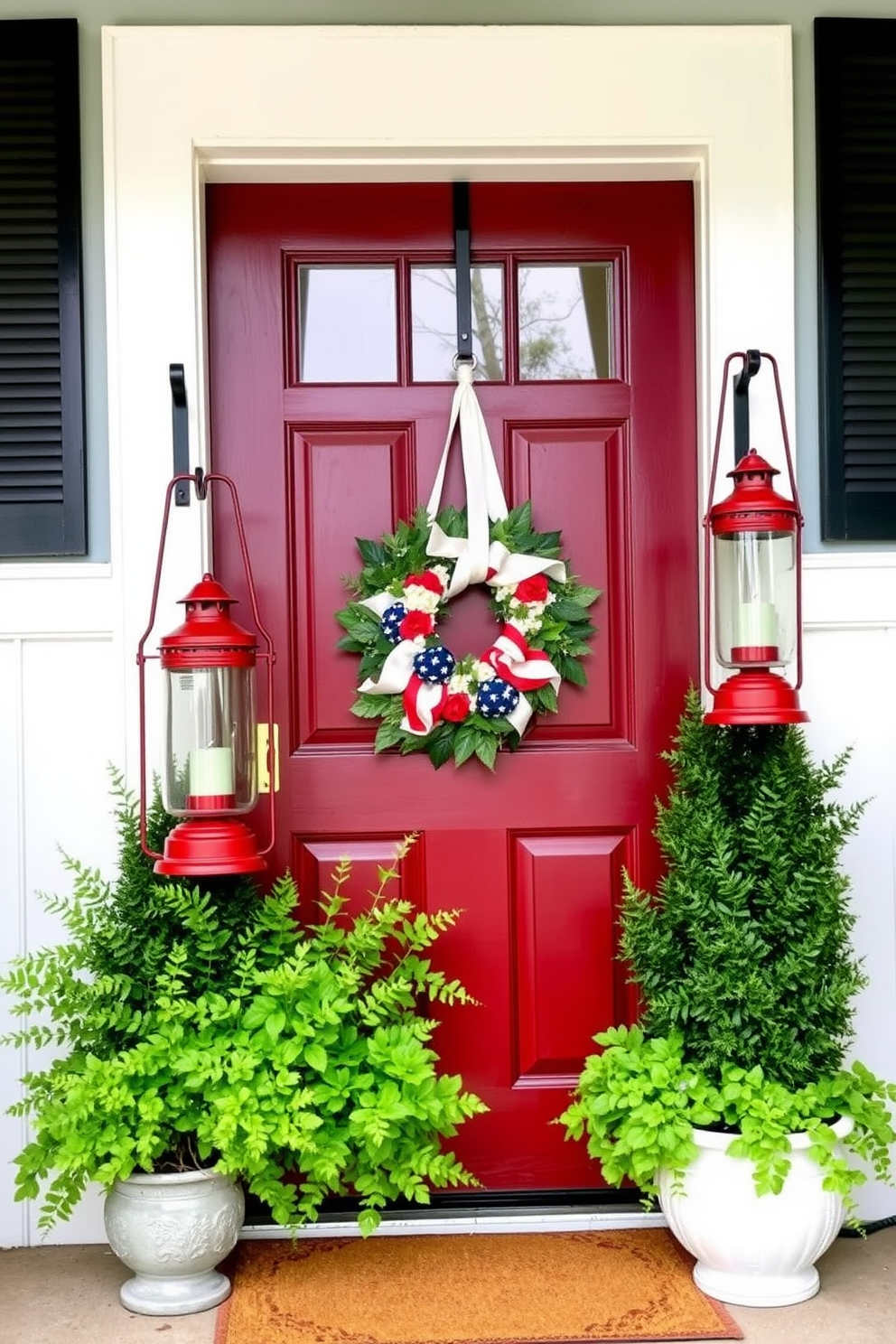 A charming front door adorned with vintage lanterns in red, white, and blue hues creates a festive atmosphere for Memorial Day. The lanterns are hung on either side of the door, surrounded by lush green plants and a welcoming wreath that complements the patriotic theme.