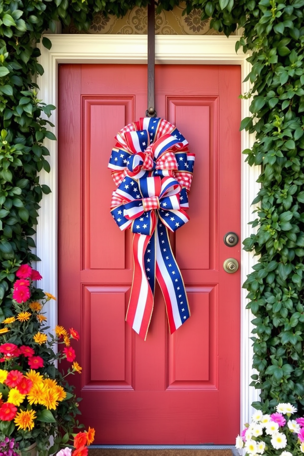 A festive front door adorned with a red white and blue ribbon elegantly tied around the handle. The door is framed by lush greenery and seasonal flowers, creating a welcoming atmosphere for Memorial Day celebrations.