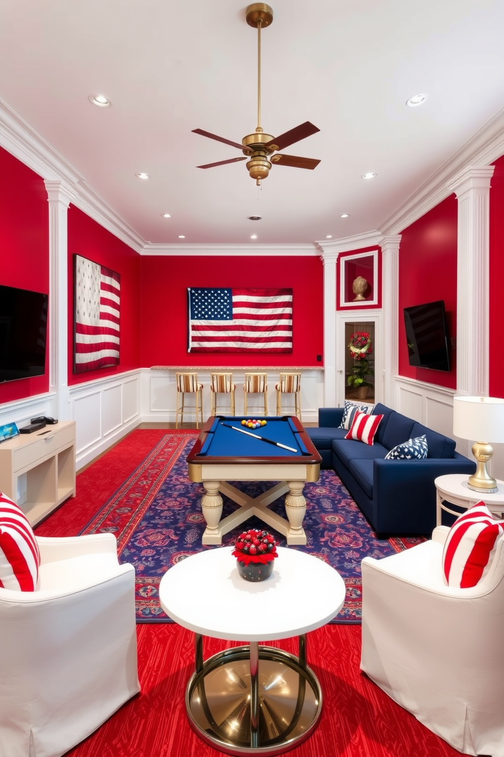 A vibrant game room featuring a patriotic red white and blue color scheme. The walls are painted in a bold red while the furniture includes a navy blue sectional sofa and white accent chairs. The room is adorned with decorative elements such as red white and blue throw pillows and a large American flag artwork. A pool table occupies the center of the space, surrounded by bar stools in matching colors for a festive touch.