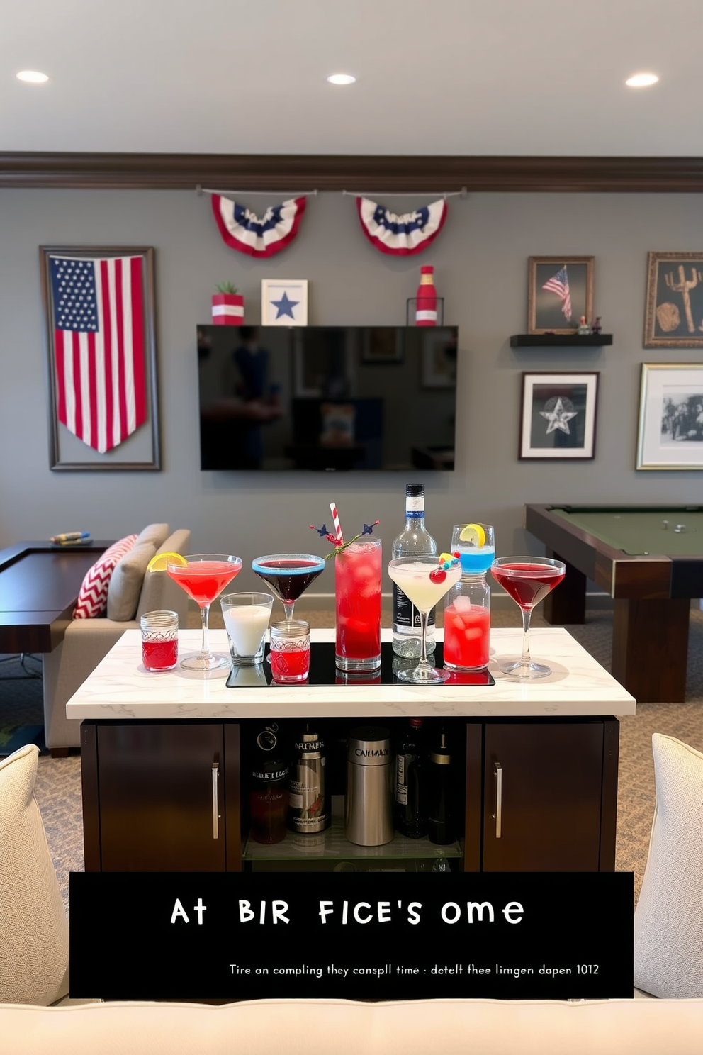 A stylish mini bar is set up in a game room, featuring a sleek countertop with a mix of red, white, and blue drinks displayed in elegant glassware. The walls are adorned with patriotic decor, and comfortable seating surrounds the bar for an inviting atmosphere.