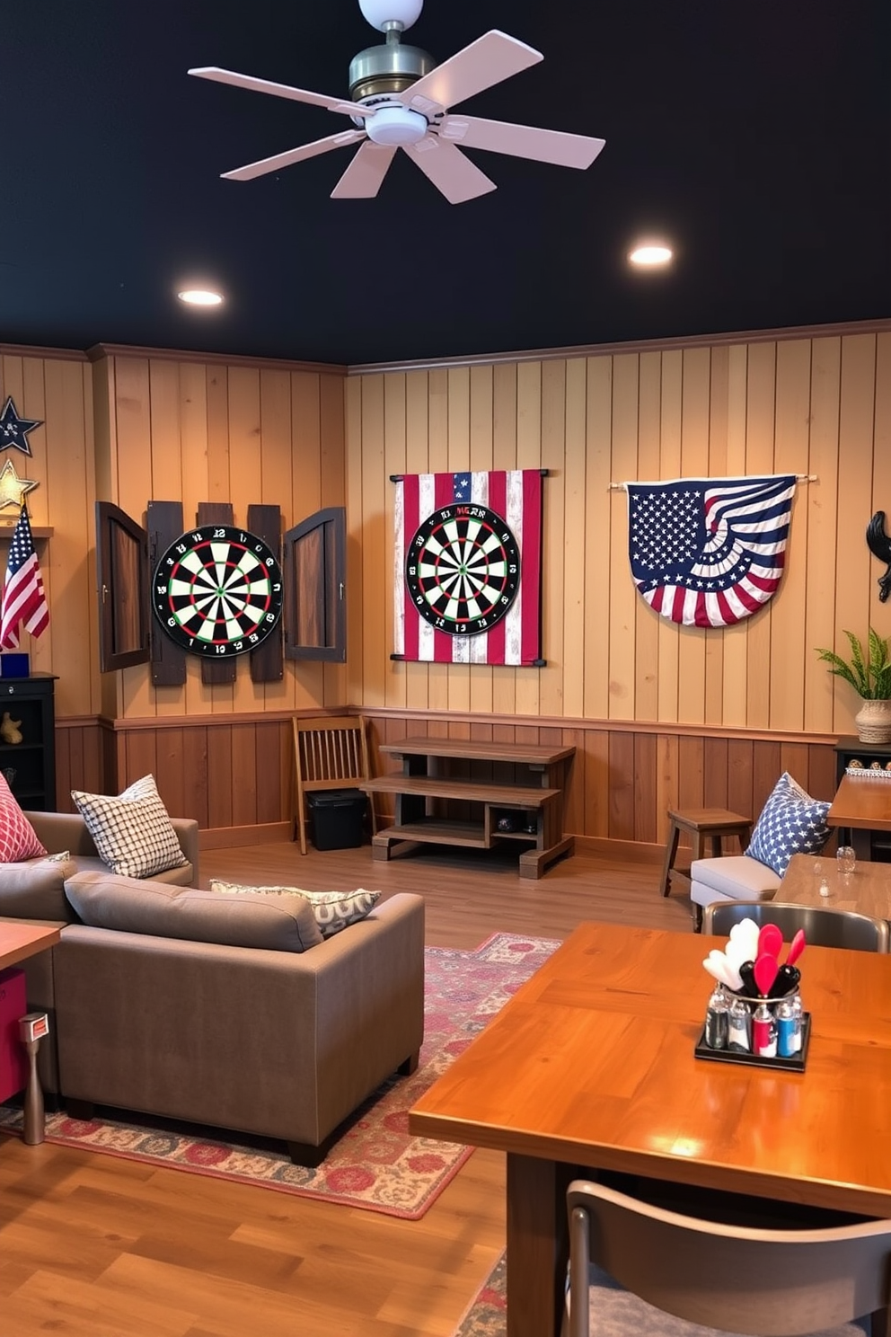 A vibrant game room featuring a dartboard with an American flag design prominently displayed on the wall. The room is filled with comfortable seating, rustic wooden furniture, and patriotic decor that celebrates Memorial Day.